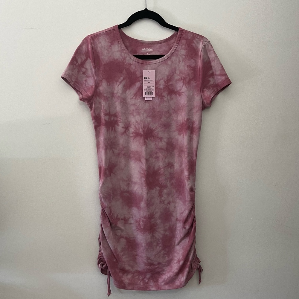 NWT Women’s Pink Tie Dye Short Sleeve Ruched Side Bodycon Dress - Picture 2 of 6